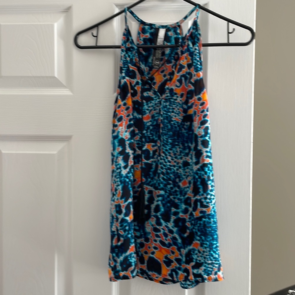 Kensie  multi colored halter neck top, v neck with black tassel tie size XS